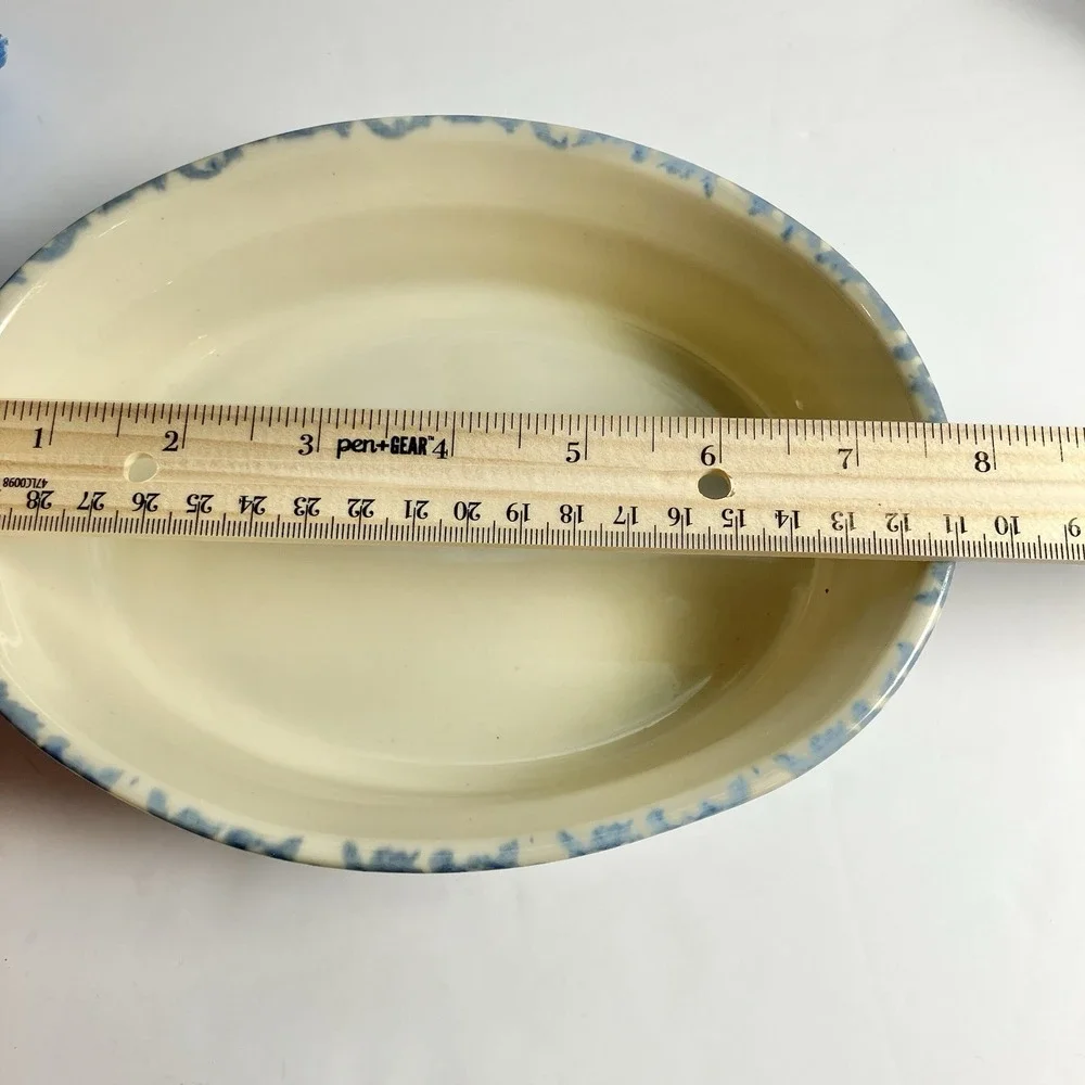 Workshops of Gerald Henn Blue Spongeware. Oval Baker set 7 1/2, 9 1/2